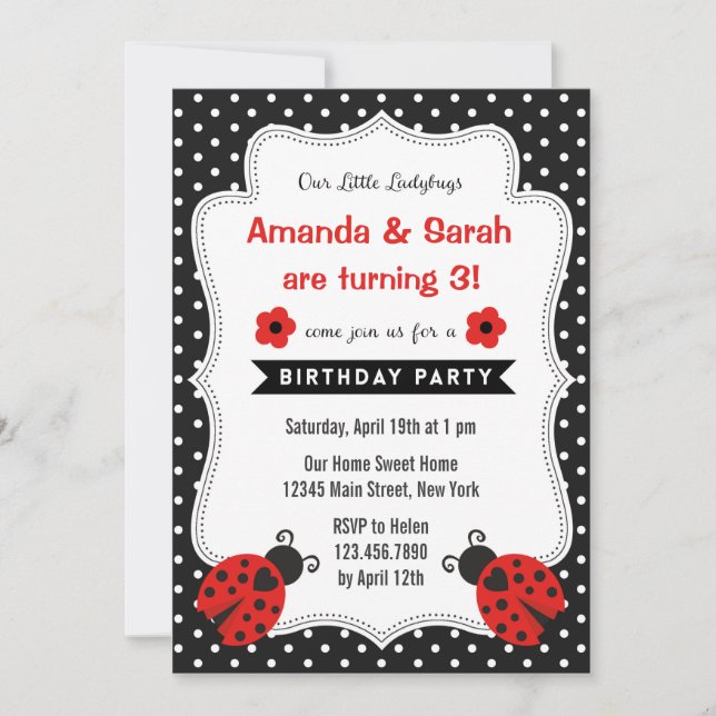 Ladybugs Birthday Invitation Red Black (Front)