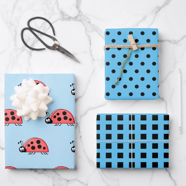 Ladybugs blue and black dots and squares wrapping paper sheets (Front)