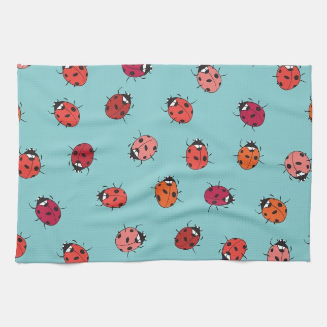 Ladybugs, blue background, charming seamless patte kitchen towel (Horizontal)