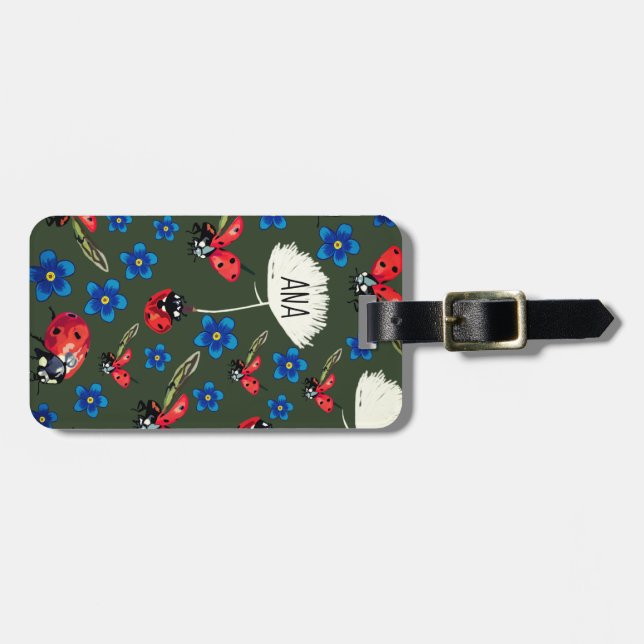 Ladybugs Blue flowers Personalized Luggage Tags (Front Horizontal)