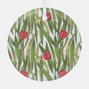 Ladybugs: daisy background watercolor pattern. glass ornament