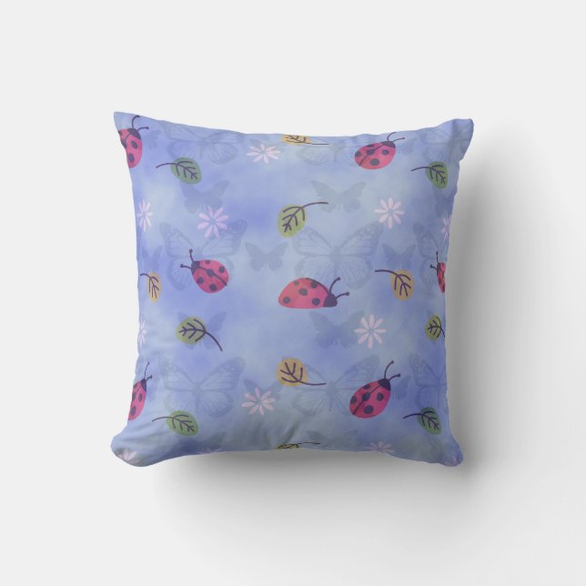 Ladybugs Flowers and Leaves Throw Pillow (Front)
