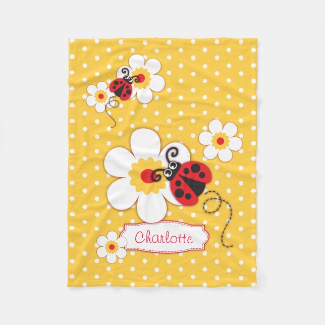 Ladybugs flowers graphic yellow name blanket (Front)