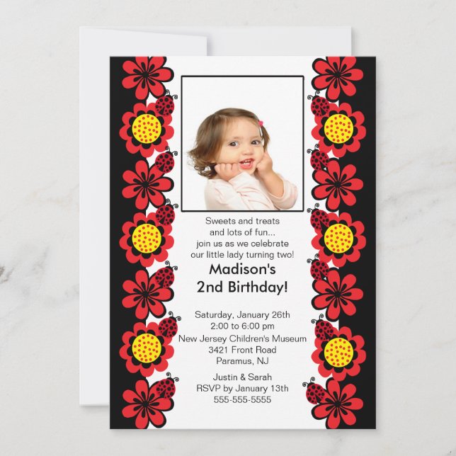 Ladybugs & Flowers Photo Birthday Invitation (Front)