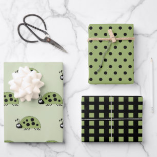 Ladybugs green and black dots and squares wrapping paper sheets