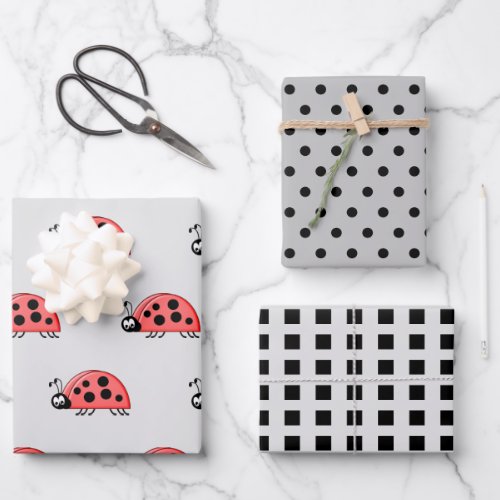 Ladybugs grey and black dots and squares wrapping paper sheets