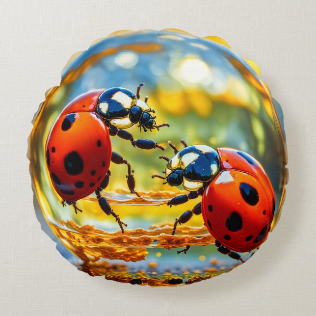 Ladybugs in a drop of water round pillow (Front)