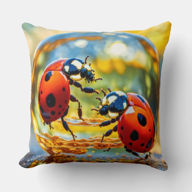 Ladybugs in a drop of water throw pillow (Front)
