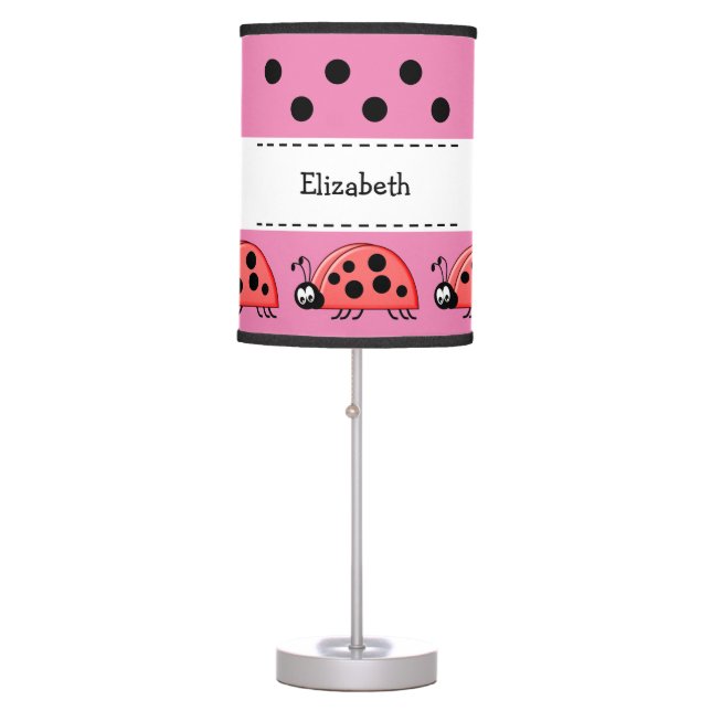 Ladybugs kids add name pink table lamp (Front)