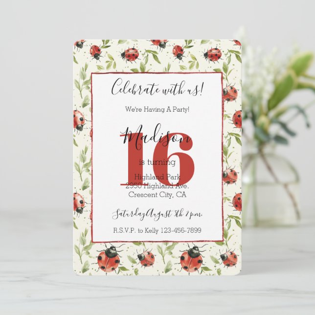 Ladybugs Leaves 16th Birthday Invitation (Standing Front)