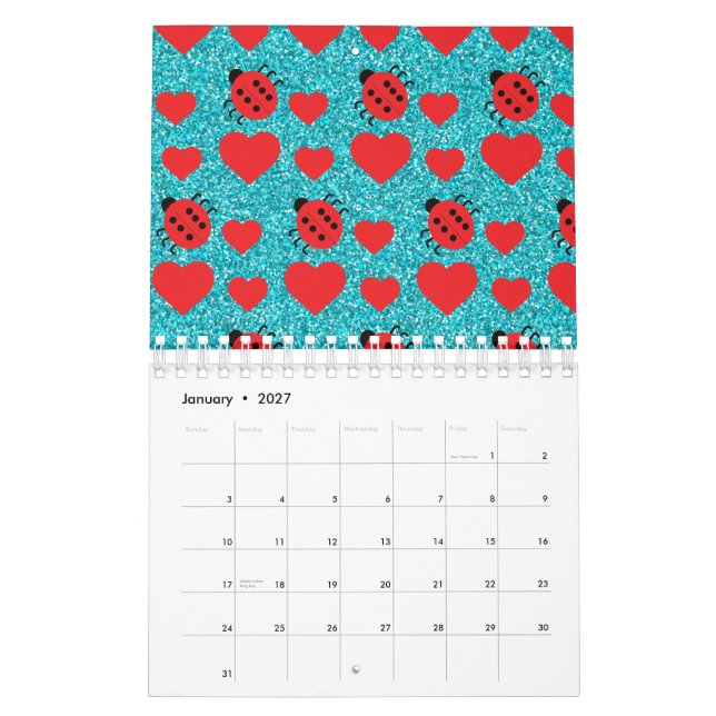 Ladybugs Lucky Insect Red Hearts Black Polka Dots Calendar (Jan 2027)