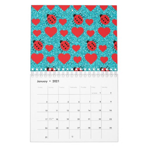 Ladybugs Lucky Insect Red Hearts Black Polka Dots Calendar