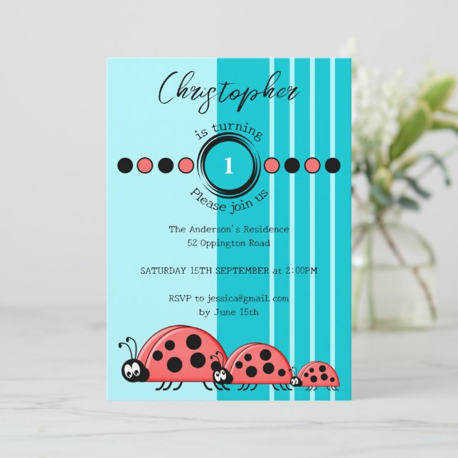 Ladybugs name turning 1 red blue 1st Birthday Invitation (Standing Front)