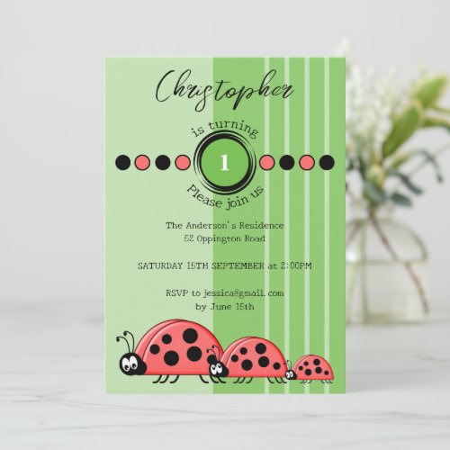 Ladybugs name turning 1 red green 1st Birthday Invitation