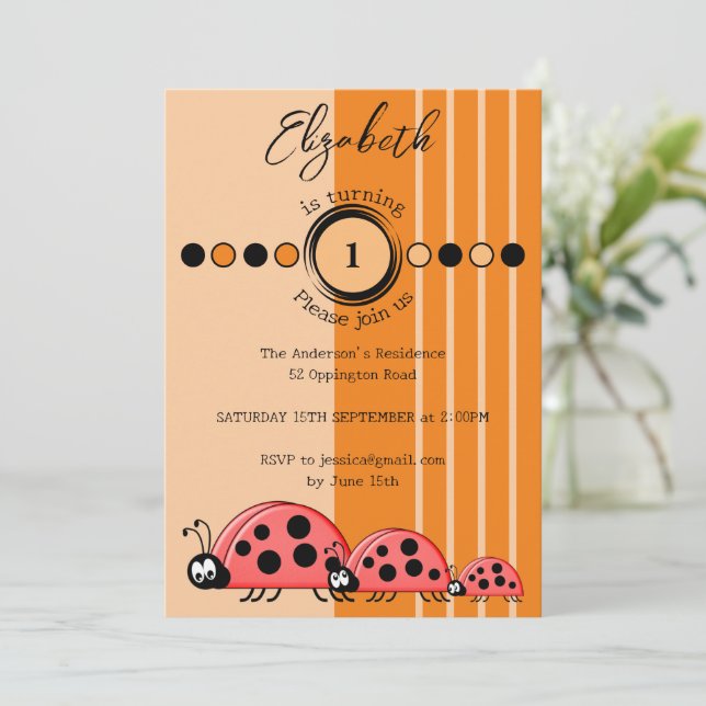 Ladybugs name turning 1 red orange 1st Birthday Invitation (Standing Front)