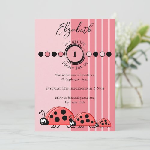 Ladybugs name turning 1 red pink 1st Birthday Invitation