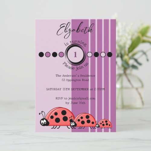 Ladybugs name turning 1 red purple 1st Birthday Invitation