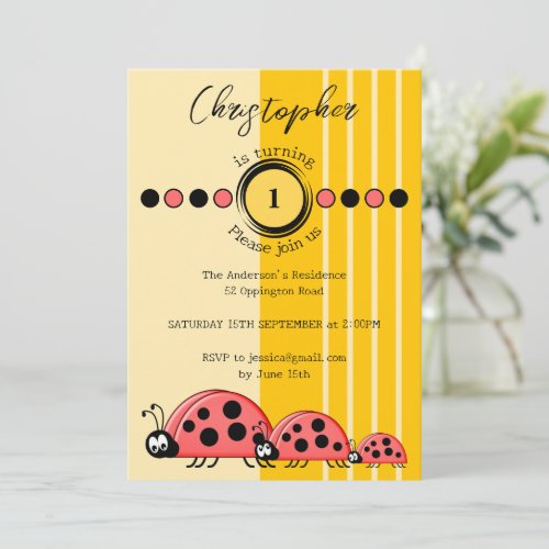 Ladybugs name turning 1 red yellow 1st Birthday Invitation