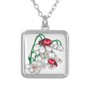 ladybugs on flors silver plated necklace