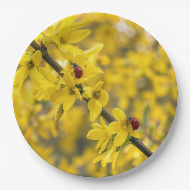 Ladybugs on Yellow Forsythia Branch Paper Plates (Front)