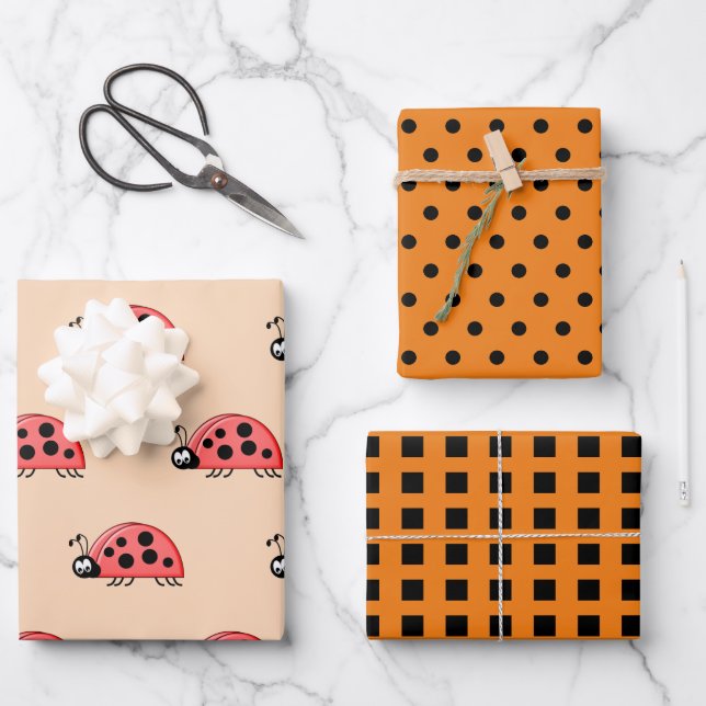 Ladybugs orange and black dots and squares wrapping paper sheets (Front)
