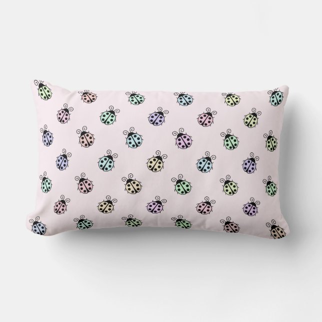 Ladybugs Pastel Multicolor Pattern on Pink Lumbar Pillow (Front)
