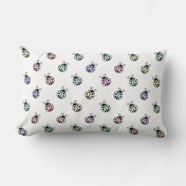 Ladybugs Pastel Multicolor Pattern on White Lumbar Pillow (Front)