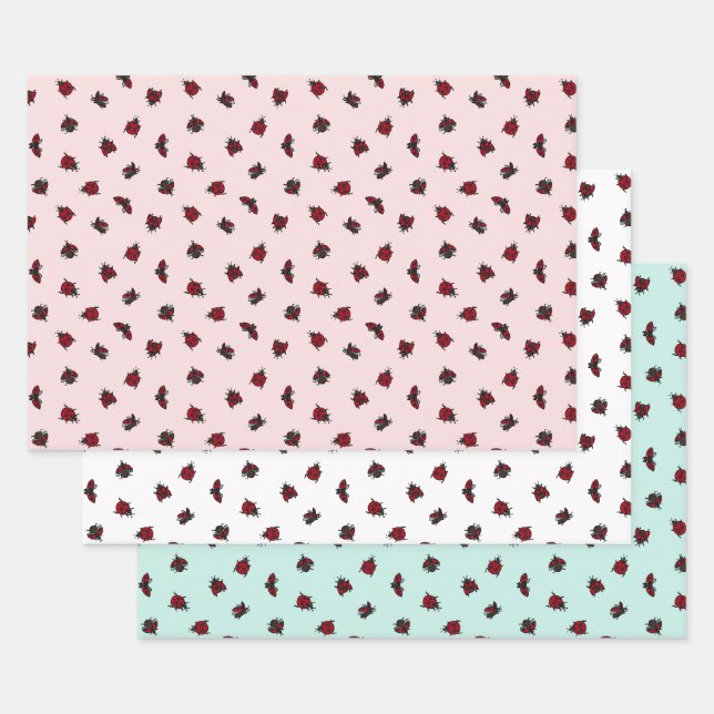 Ladybugs Pattern Pink White Turquoise Wrapping Paper Sheets (Set)