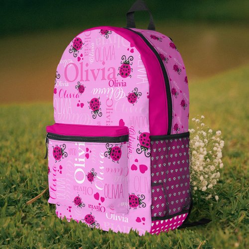 Ladybugs personalized name all over pink printed backpack