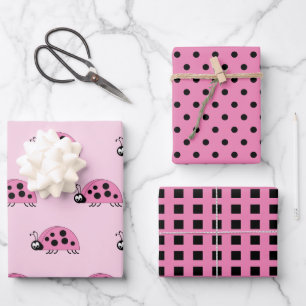 Ladybugs pink and black dots and squares wrapping paper sheets