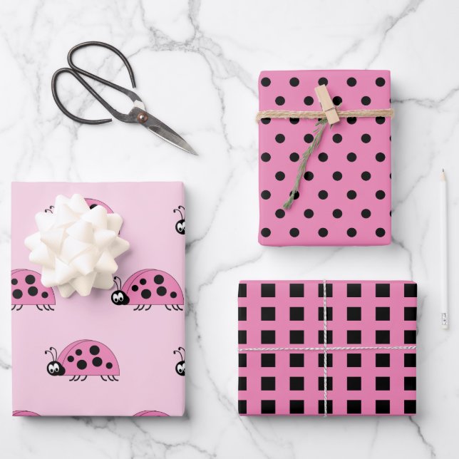 Ladybugs pink and black dots and squares wrapping paper sheets (Front)