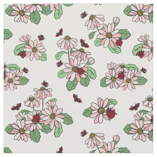 Ladybugs & Pink Daisies Floral Pattern Fabric