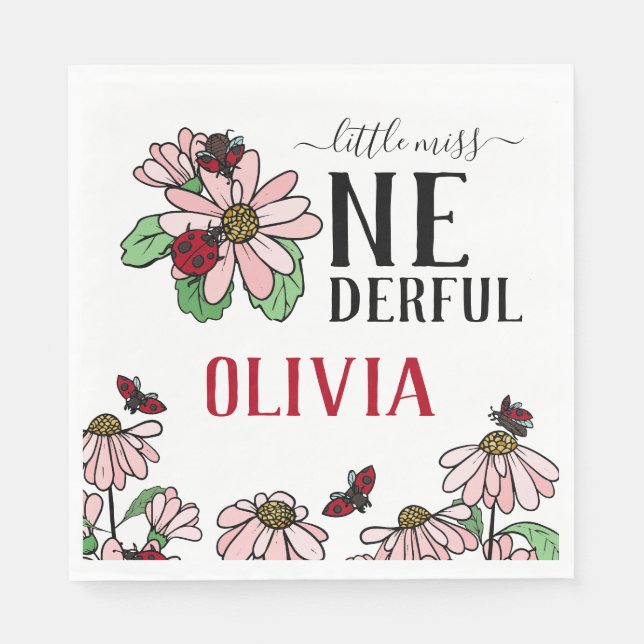 Ladybugs Pink Daisies Onederful Birthday Party Napkins (Front)