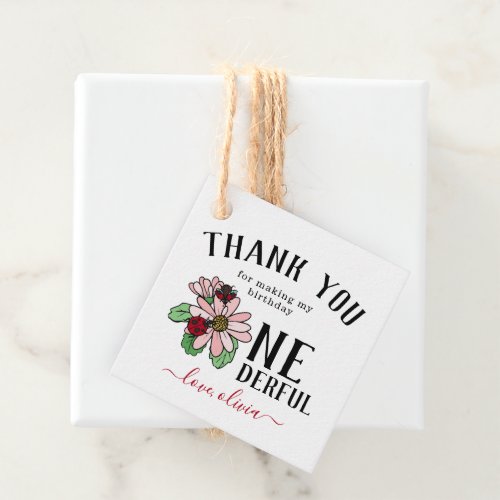 Ladybugs Pink Daisies Onederful Birthday Thank You Favor Tags