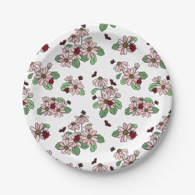 Ladybugs & Pink Daisies Pattern Paper Plates (Front)