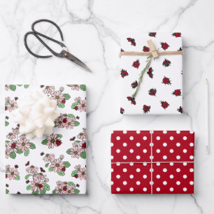 Ladybugs Pink Daisies Polka Dots Mixed Patterns Wrapping Paper Sheets