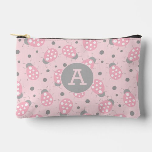 Ladybugs pink gray monogram accessory pouch