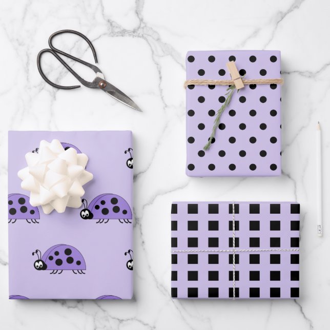 Ladybugs purple and black dots and squares wrapping paper sheets (Front)