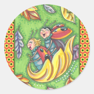 LADYBUGS RIDING ON FALLING AUTUMN LEAVES, FUN BUG CLASSIC ROUND STICKER