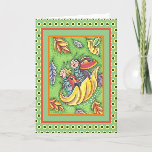 LADYBUGS RIDING ON FALLING AUTUMN LEAVES, FUN BUG LETTERPRESS THANK YOU CARD (Front)