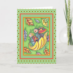 LADYBUGS RIDING ON FALLING AUTUMN LEAVES, FUN BUG LETTERPRESS THANK YOU CARD