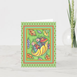 LADYBUGS RIDING ON FALLING AUTUMN LEAVES, FUN BUG LETTERPRESS THANK YOU CARD