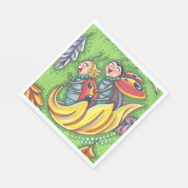 LADYBUGS RIDING ON FALLING AUTUMN LEAVES, FUN BUG NAPKINS (Corner)
