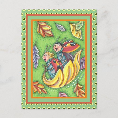 LADYBUGS RIDING ON FALLING AUTUMN LEAVES, FUN BUG POSTCARD