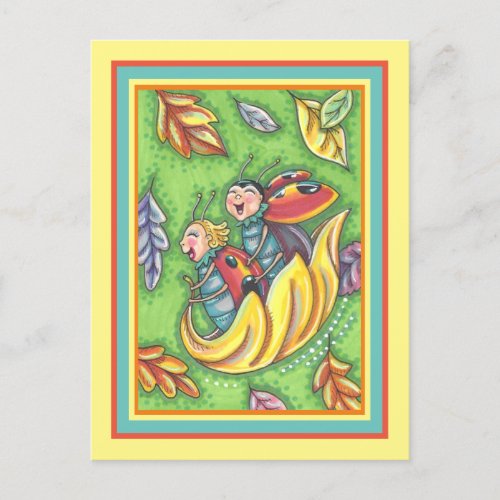 LADYBUGS RIDING ON FALLING AUTUMN LEAVES FUN BUG POSTCARD