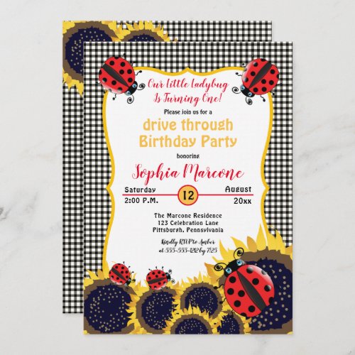 Ladybugs Sunflowers 1st Drive Thru  Birthday Party Invitation