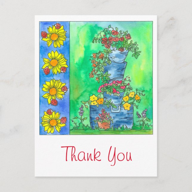 Ladybugs Sunflowers Watercolor Flowers Thank You Postcard (Front)