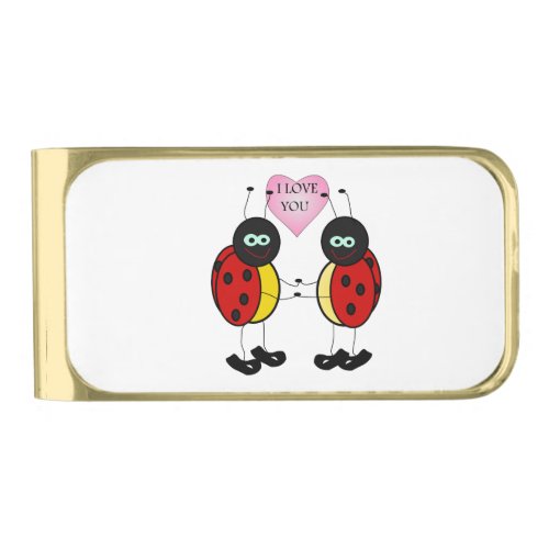 Ladybugs together holding hands in love gold finish money clip