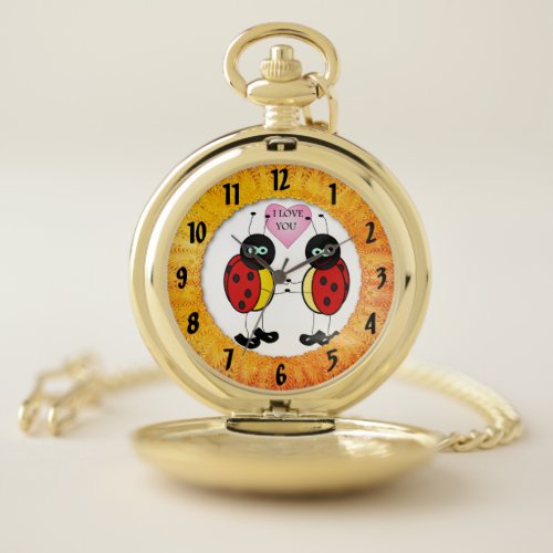 Ladybugs together holding hands in love pocket watch