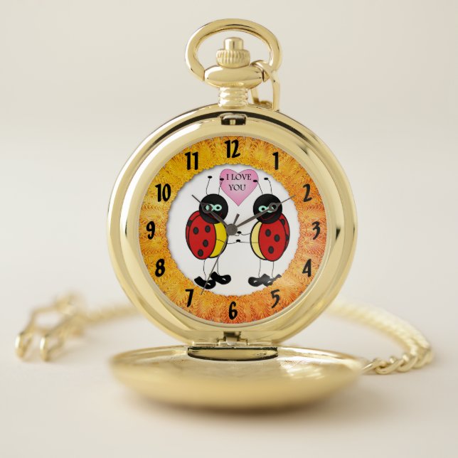 Ladybugs together holding hands in love pocket watch (Inside)